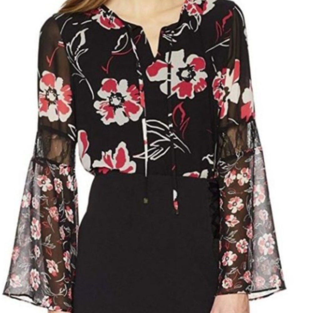 CALVIN KLEIN blouse long bell sleeves v neck with tie